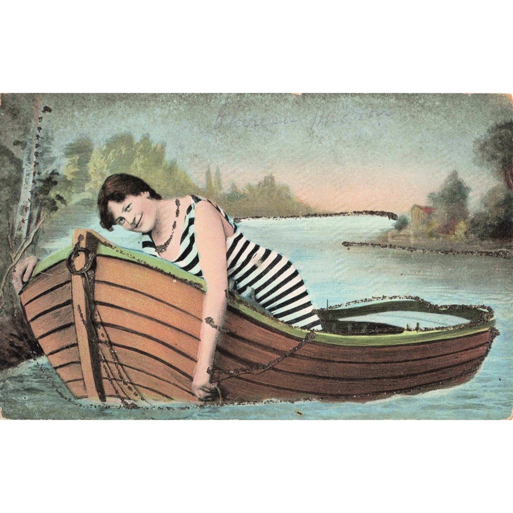 Vtg Glitter Postcard Woman in Striped Bathing Suit Rowboat River Th. E. L. 965 - Picture 1 of 2